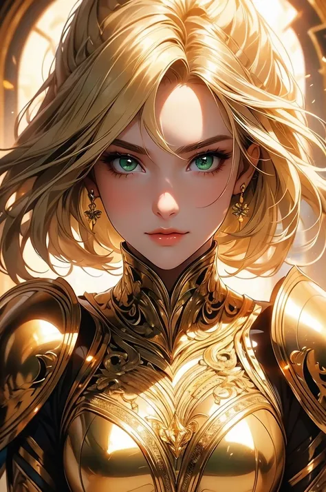 (masterpiece, 8k, 32k) naturally beautiful woman, perfect face, deep green eyes, shiny golden hair, wearing equally golden and shiny armor, exuding extraordinary power (Image focused on the characters face)