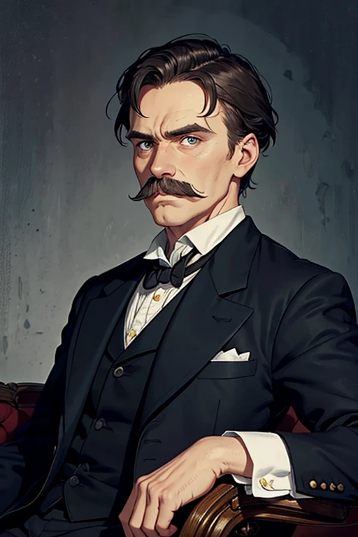 Portrait of Friedrich Nietzsche, dark hair and a mustache, no beard, piercing eyes, wearing a 19th century suit jacket in a natural setting, reflecting thoughtfully, Anime estile