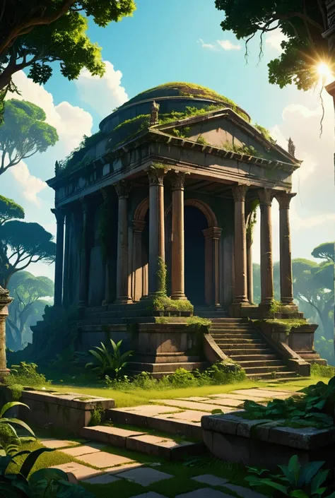 Dark fantaisy ancient and ruined mausoleum with lots of beautiful vegetation