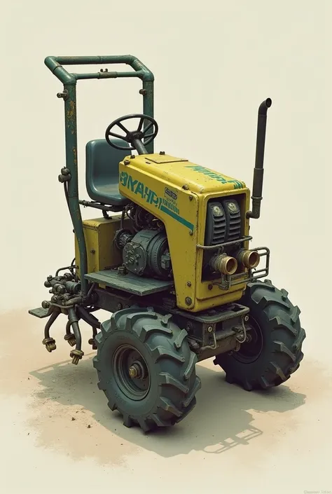 It looks like mini grass cutter machine as tracter in that I used seeding to land and ploughing land and it looks like planting machine and handle looks like out of vehicle it should hold handle and walk together vehicle this vehicle used for formers but I...