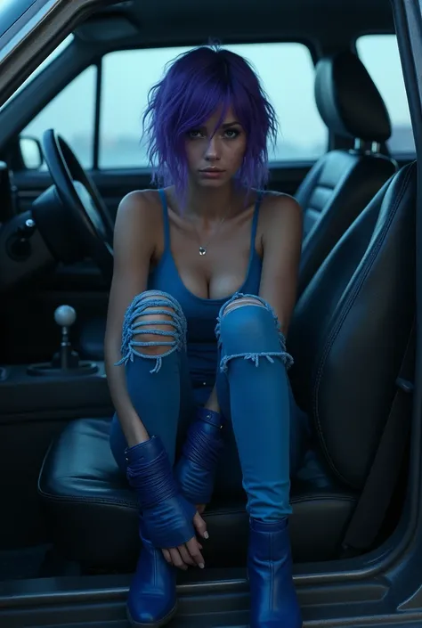 beautiful young woman, purple hair, blue tight clothing, ripped blue pants, blue fingerless gloves, blue boots, asleep and tied up in a car