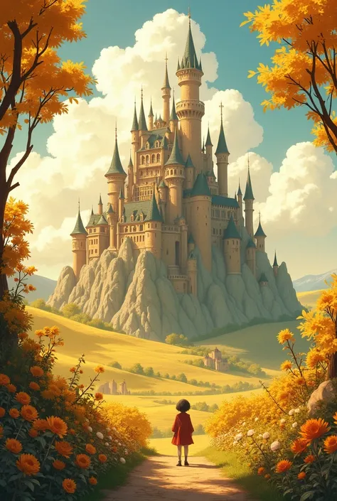 An image of Howl&#39;s Moving Castle with yellow flowers in anime style