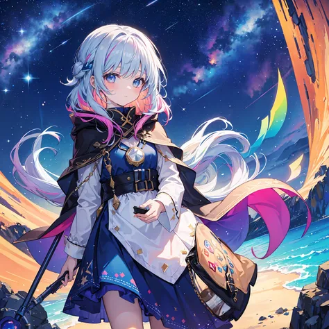 (masterpiece, best quality), (colorful:1.4), from above, solo, 1girl standing atop a mountain peak where the stars touch the earth, with a cloak woven from stardust and a bag of constellations to guide her journey, depth of field, fisheye lens
