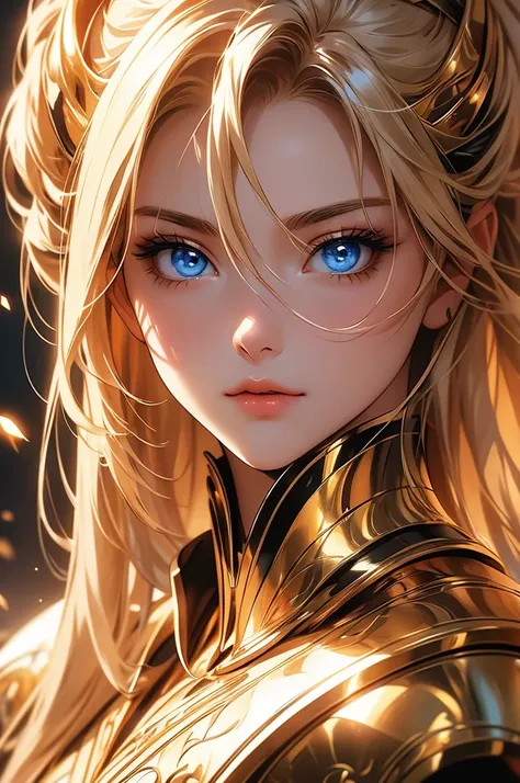 (masterpiece, 8k, 32k) naturally beautiful woman, perfect face, deep blue eyes, shiny golden hair, wearing equally golden and shiny armor, exuding extraordinary power (Image focused on the characters face)