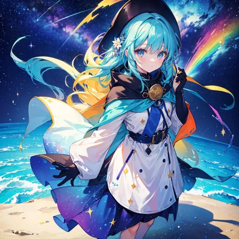 (masterpiece, best quality), (colorful:1.4), from above, solo, 1girl standing atop a mountain peak where the stars touch the earth, with a cloak woven from stardust and a bag of constellations to guide her journey, depth of field, fisheye lens