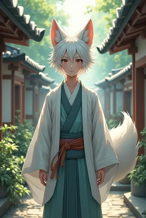 Young man, 2, white hair, fox ears, tail, Jinbei costume, shrine