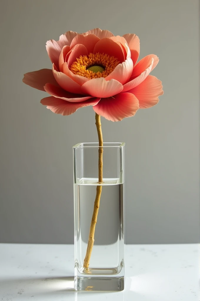 Copper peony with a golden stem in a square glass box