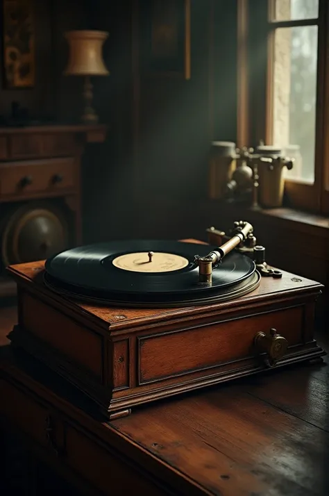 An old record player playing a blank label record, inviting the listener to create their own soundtrack.