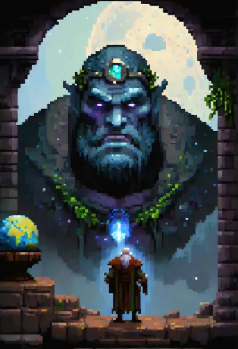 (Pixel art), dark, fantasy, rpg, game asset, create a cinematic picture for a dark fantasy rpg where there the face of an old, kind and wise titan in the foreground looking to a small earth