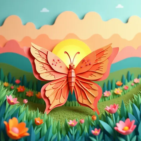 Generate a papercraft style image of a butterfly, on a rural landscape of a sunrise, colorful, resplendent