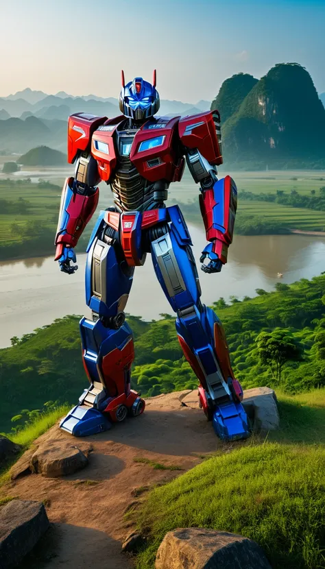 Optimus Prime stands tall, his red and blue armor glowing under the early morning sun. He stands on top of an ancient Vietnamese hill, his eyes looking towards the horizon. Behind Optimus, his teammates Bumblebee, Ironhide and the other Autobots are prepar...