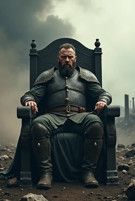 create an image of a man with war scars, sitting on a throne, in a war scenario