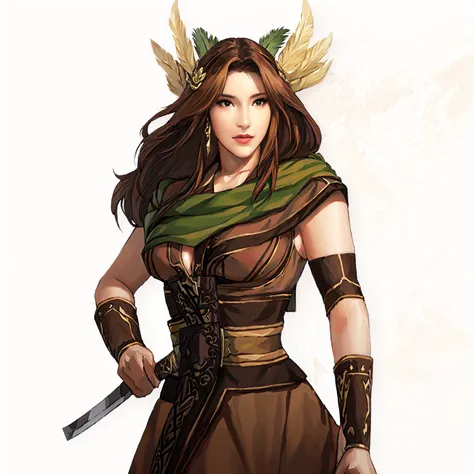 a woman in a brown dress with feathers and a sword, north adult female warrior, north female warrior, female druid, a very beautiful berserker woman, norse goddess, portrait of a female druid, beautiful female druid, female dwarven woman, forest hunter lad...