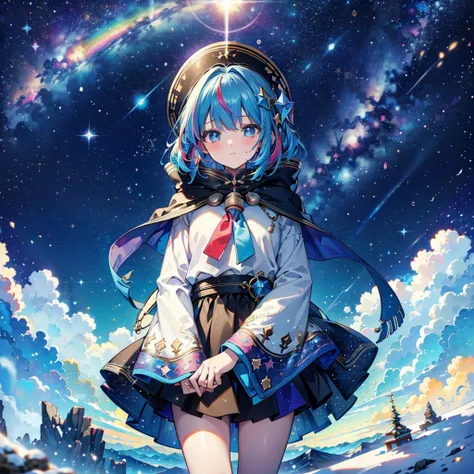 (masterpiece, best quality), (colorful:1.4), from above, solo, 1girl standing atop a mountain peak where the stars touch the earth, with a cloak woven from stardust and a bag of constellations to guide her journey, depth of field, fisheye lens