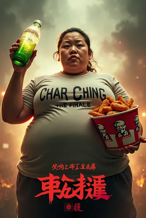 Make a movie poster with a big obese chinese girl in the poster and make the title "char ching the finale, battle of the obesity" make her hold a green tea in a plastic bottle and chicken wings kfc make her furious make her have a shirt that says "dandruff...