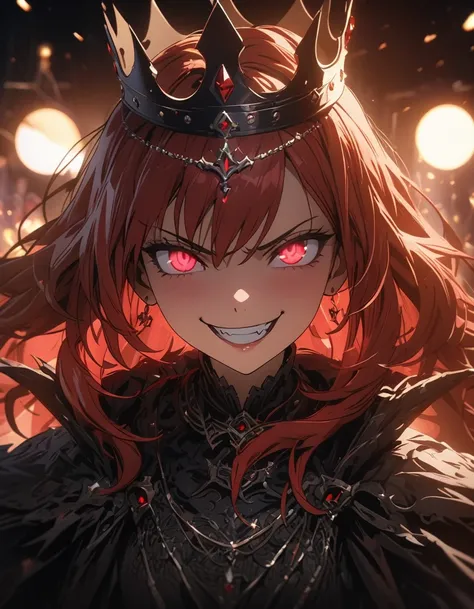 The Dark Princess with Bloody Eyes, Red hair, crown, evil smile, Animation style, lens flare, High detail, First person view, Movie lighting, masterpiece, Very detailed, Best quality, 8k, Ultra high definition