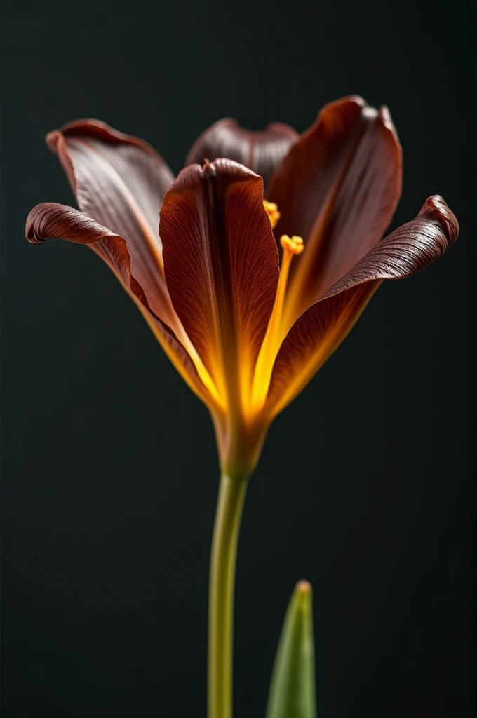 A flower with dark brown open petals with a golden stem