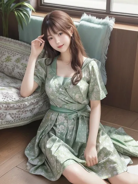 Photo-realistic quality、20-year-old Japanese idol sits on the floor wearing a dark green top and a floral skirt、Elegant Dresses、Beautiful Japanese Model、Romantic Dress、Cute woman、Looking at the camera、Detailed and beautiful eyes、Cute smile、A soft and gentl...