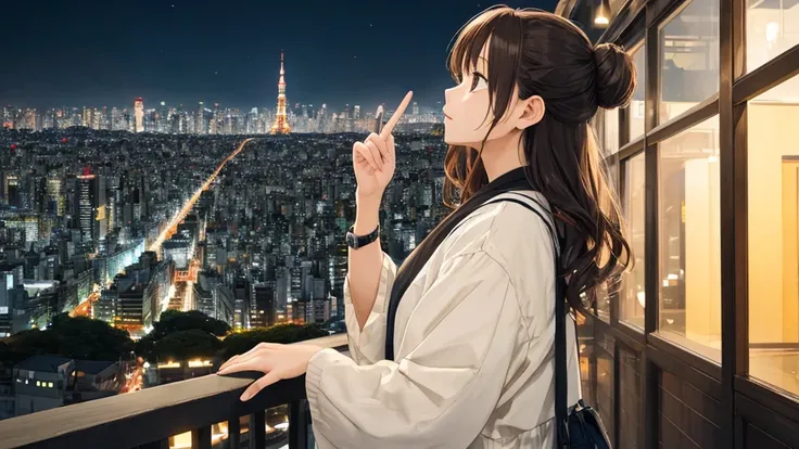 Shiraishi Mei, Looks exactly like Shiraishi Mei,A woman looking up at the sky ,  Dark brown hair, , Bun Hair。One person travel、20th Generation、Right beside･profile、As if looking up、To see into the distance、Tokyo、Night view、Tokyoタワー、Building district、photog...