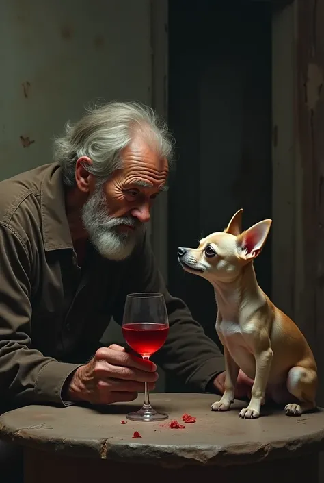 A poor man and his chihuahua who can&#39;t drink the red wine in front of him　In the living room。Look at me with hollow eyes