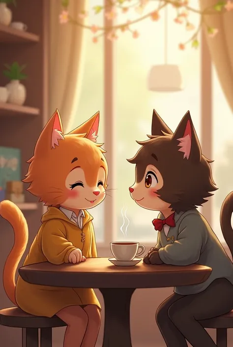 Coffee shop mein baithkar cat boy aur cat girl baat kar rahe hain, dono ke chehre par pyaar bhari muskaan. ( Dono ke cat ka face hai)
