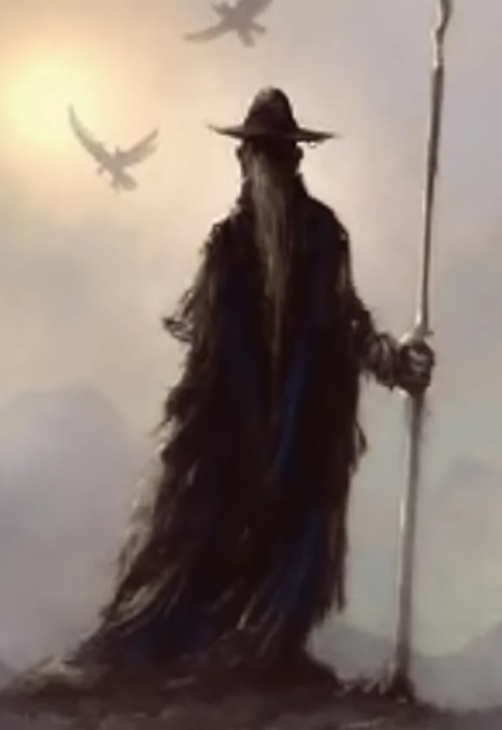 (best quality:1.5), high resolution, 8k, (realistic:1.2), (behind:0.9), full body, 1 old wizard with his back to the camera, long white hair and beard, gray hood, Pointy hat, wearing a long robe like Dumbledore&#39;s, holding a wooden staff in his right ha...