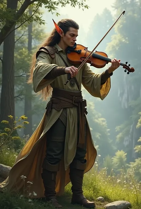 A particularly masculine handsome elf, who is making music. He plays his violin very elegantly