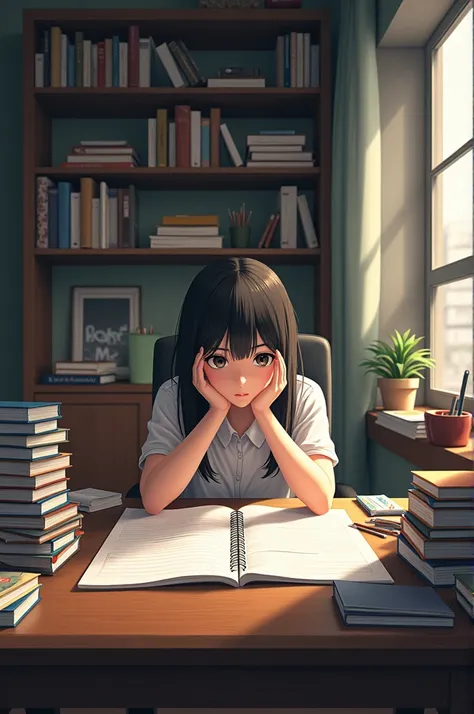 a girl in her room , that is top floor of building and she is studying really hard on her desk and focusing with a bunch of books besides her also pensil pen cases and stationary staffs