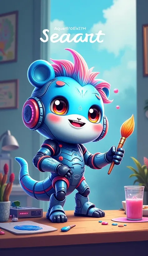 Create an astonishing fluffy cute CHeckpoint mascot for SeaArt AI, an innovative image generation and model training tool. The mascot should embody the essence of creativity and knowledge, with a touch of marine mysticism. It could be a mix of a Artist cre...