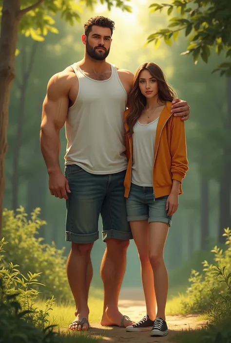 Draw a  30 years old man with 6.2 feet and his girlfriend 1 4.9feet