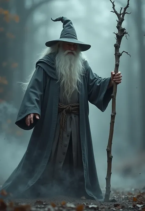 (best quality:1.5), high resolution, 8k, (realistic:1.2), (behind:0.9), full body, 1 old wizard with his back to the camera, long white hair and beard, gray hood, Pointy hat, wearing a long robe like Dumbledore&#39;s, holding a wooden staff in his right ha...