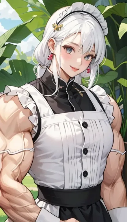 1girl in、A smile、The shirt、skirt by the、pinafore、hair adornments、Maid costume、White hair、Chilarism、summer clothing、Upper body portrait，(muscular female:1.2),(biceps),covered abs