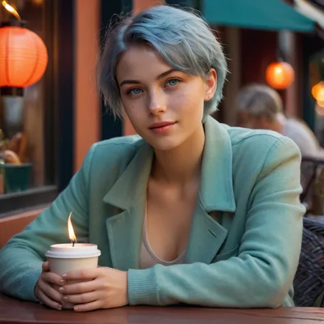 (((Woman, 20 years old, Nordic ethnicity, short blue hair, perfect face, light freckles, blue-green eyes, slight smile))), sitting relaxed at a café table, wearing a stylish autumn outfit in beige. Warm lighting from a nearby candle and neon signs softly i...