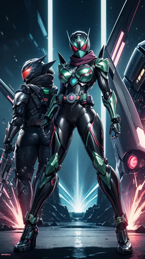 A Kamen Rider girl、superhero、Mechanical Suit、bikini body armor、bikini mechanical armor、Metallic texture、scarf、Kamen Rider、big breasts, bikini body armor、Mechanical Suit、cyberpunked、Near future、 bright color、full body lesbian、8k、Sharp contours、tokusatsu、tra...