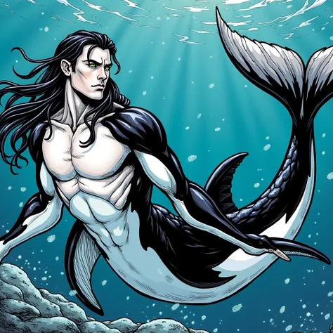 Orca merman; long black and white orca tail; deep ocean; black hair; green eyes; Marvel Cinematic Universe Loki