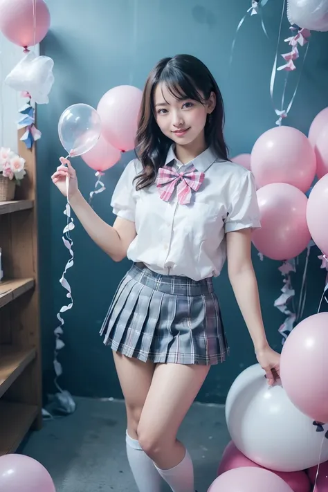 (extremely detailed face), (Happy, smile:1.3), 1girl, beautiful asian woman, cute asian idol, young woman, 18yo, extremely beautiful detailed eyes, shiny lips, (white shirt, short sleeves, bowtie, plaid miniskirt, pleated skirt, bare legs, thighs, socks, l...