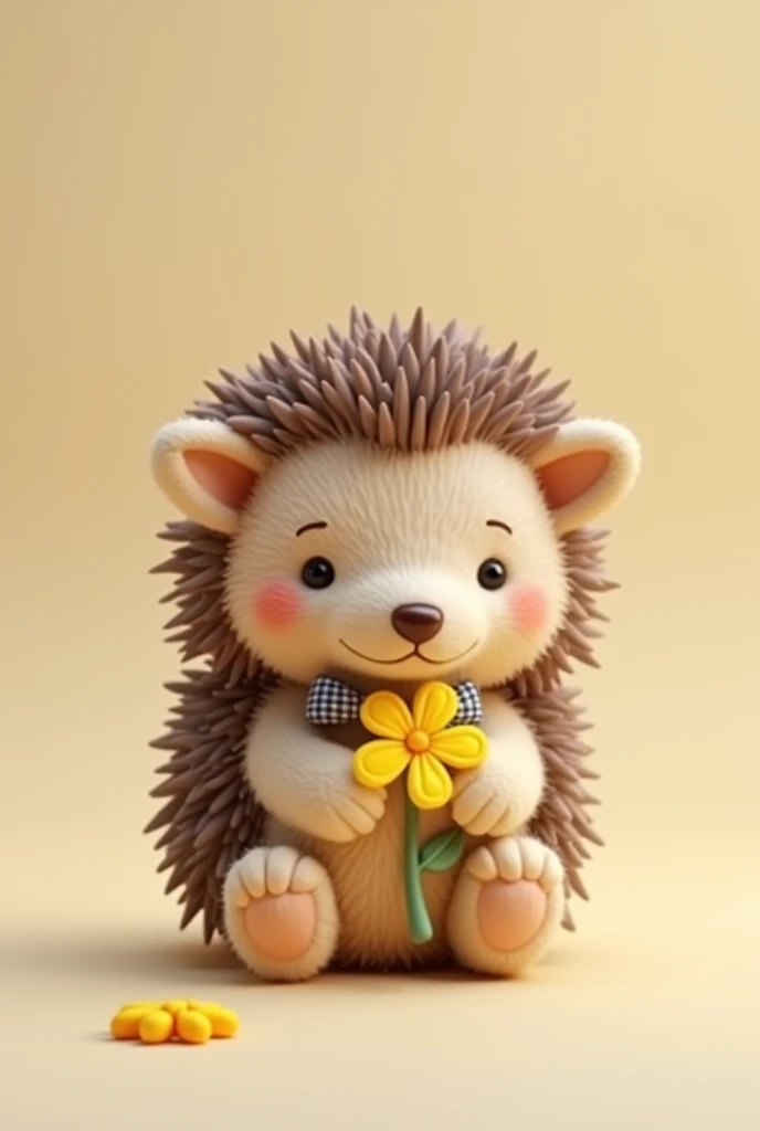 Brown stuffed hedgehog with a little bow, holding a yellow flower