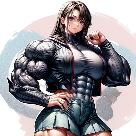 best quality,girl, biceps, muscular ,alternate muscle size,,muscular thighs,school uniform ,pecs,black hair, worried, abs, thick arms,, broad shoulders, 