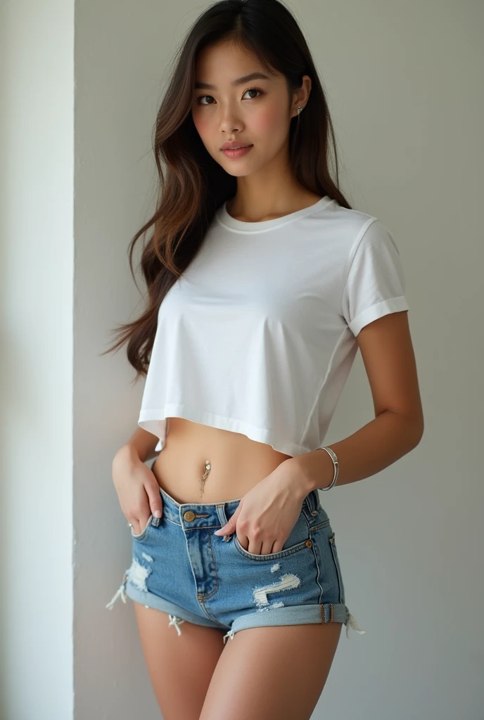 a young woman in a white t-shirt and blue shorts, thigh gap, smallest waistline ever, sexy girl wearing shorts, thin waist, beautiful midriff, pierced navel, thin-waist, sexy body