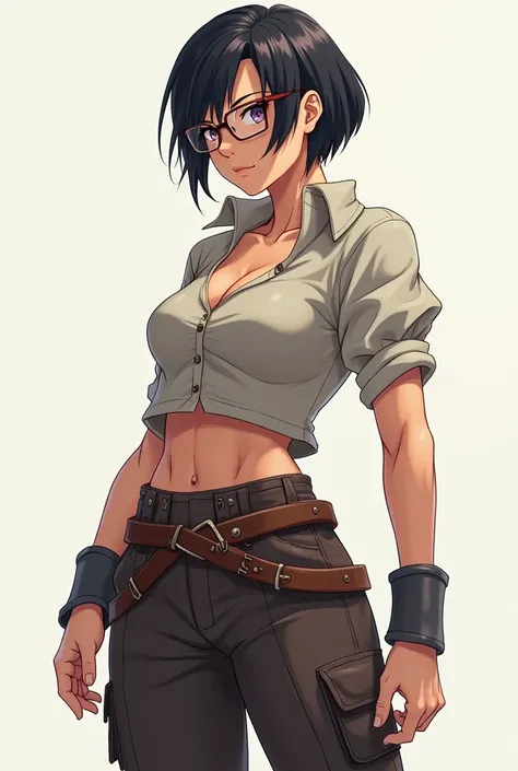 an anime woman. with a toned and slightly muscular body, with slightly large breasts, short black hair, with glasses and casual medieval clothes