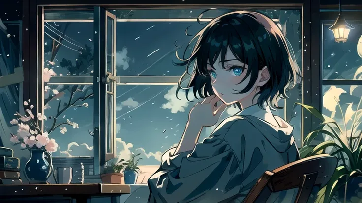 Create an illustration of black hair and blue eyes, sitting in a chair in front of a desk, Sentimental, Introspective look。, The moonlight gently shines into the room, Gently illuminate the space, Curtains sway in the wind, Increase tranquility, Dark mood,...