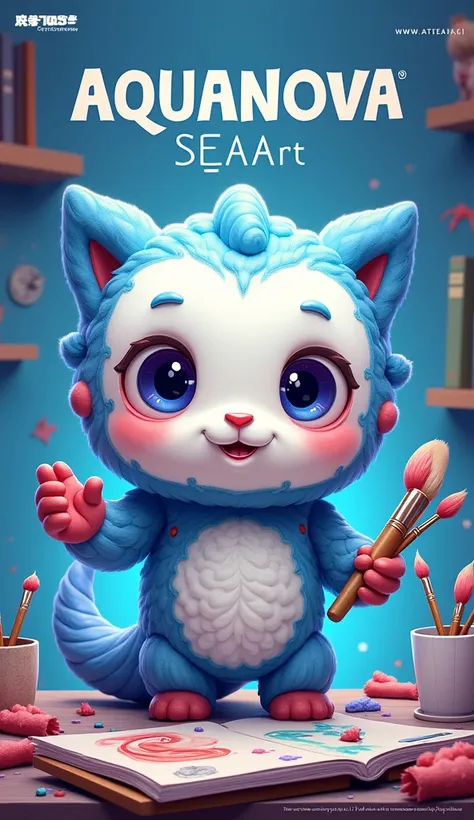 Create an astonishing fluffy cute CHeckpoint mascot for SeaArt AI, an innovative image generation and model training tool. The mascot should embody the essence of creativity and knowledge, with a touch of marine mysticism. It could be a mix of a Artist cre...