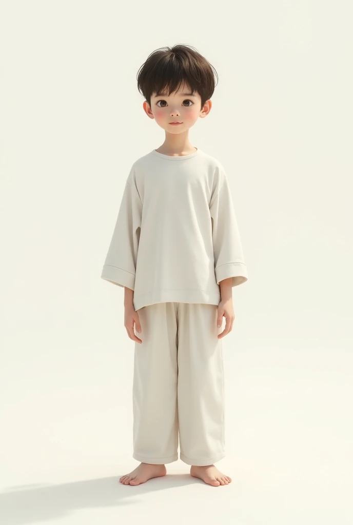 A 10 year boy standing position wearing white loose long shirt with white pant