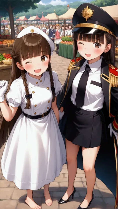 {Best Quality}, {Very beautiful},{Ultra fine},{Best illustration},Brown Hair,Hime cut,Long Hair,Braids,Standing Woman,Woman guarding,Adult women,smile,Excited face,Wink,Uniform cap,White Shirt,Short sleeve,long black skirt,White gloves,Around town,festival...