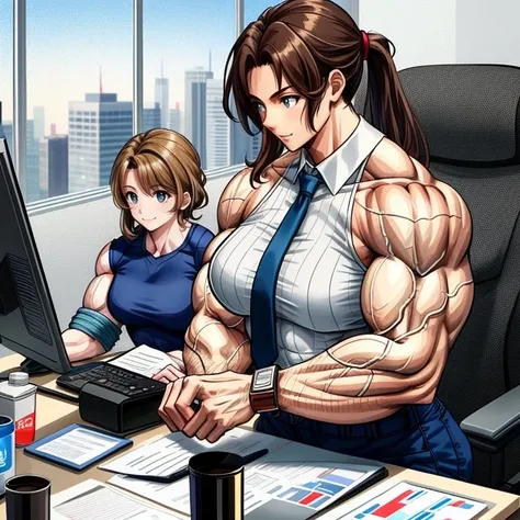 1 girl,(masterpiece) ,beautiful, muscular shoulder,muscular female,, alternate muscle size,muscular, office lady,, biceps,