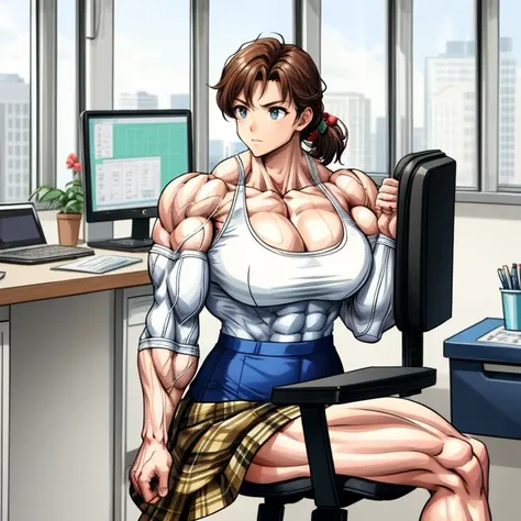 1 girl,(masterpiece) ,beautiful, muscular shoulder,muscular female,, alternate muscle size,muscular, office lady,muscular thighs, biceps,