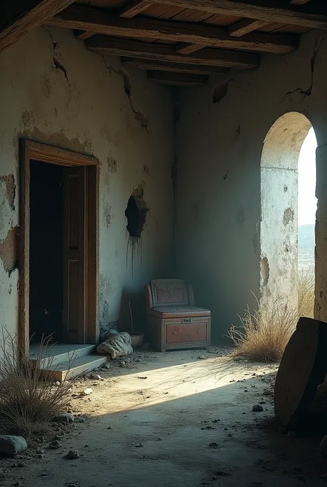 Image of inside an old, shabby house in ancient Greece with no people with a darker vibe