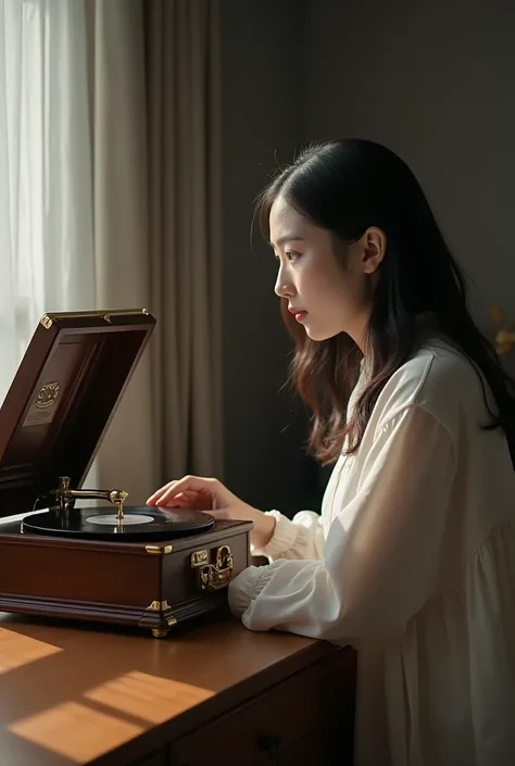 Dutch angle effect, cinematic photo, a phonograph with gold accents with a black disc inside, sharp and intricate details, placed on a wooden table, behind it you can see a Korean woman, 20 years old, beautiful face, enjoying the music from the phonograph,...