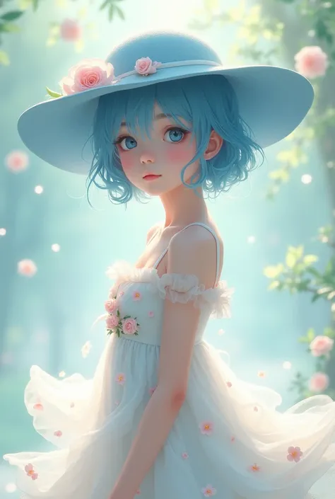 A young female with blue, short, and feathered hair wearing a white dress with pink flower detail and a blue sun hat.