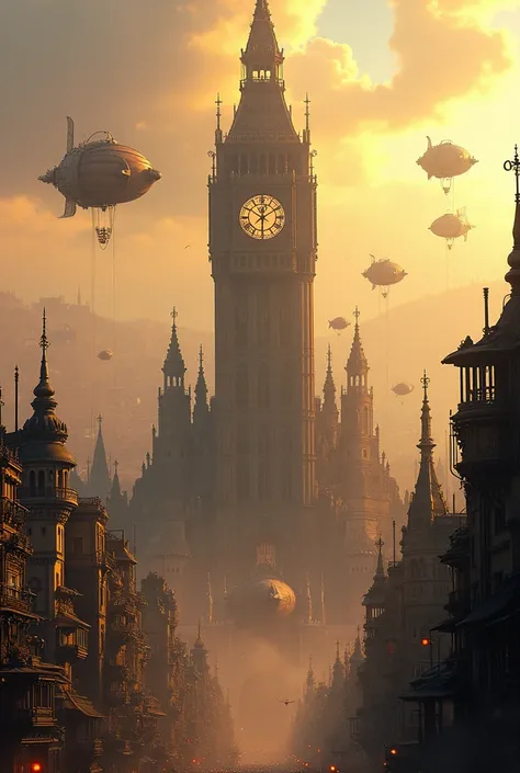 /imagine prompt: steampunk city, massive clock tower, flying airships, detailed architecture, golden hour lighting, intricate machinery --ar 16:9 --stylize 700 --tile --no fog --detail 75 --light --chaos 30
